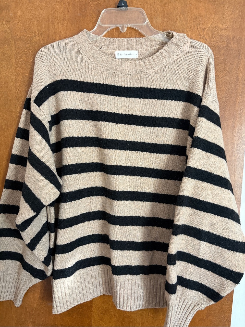 By Together Tan and Black Striped Crewneck Sweater